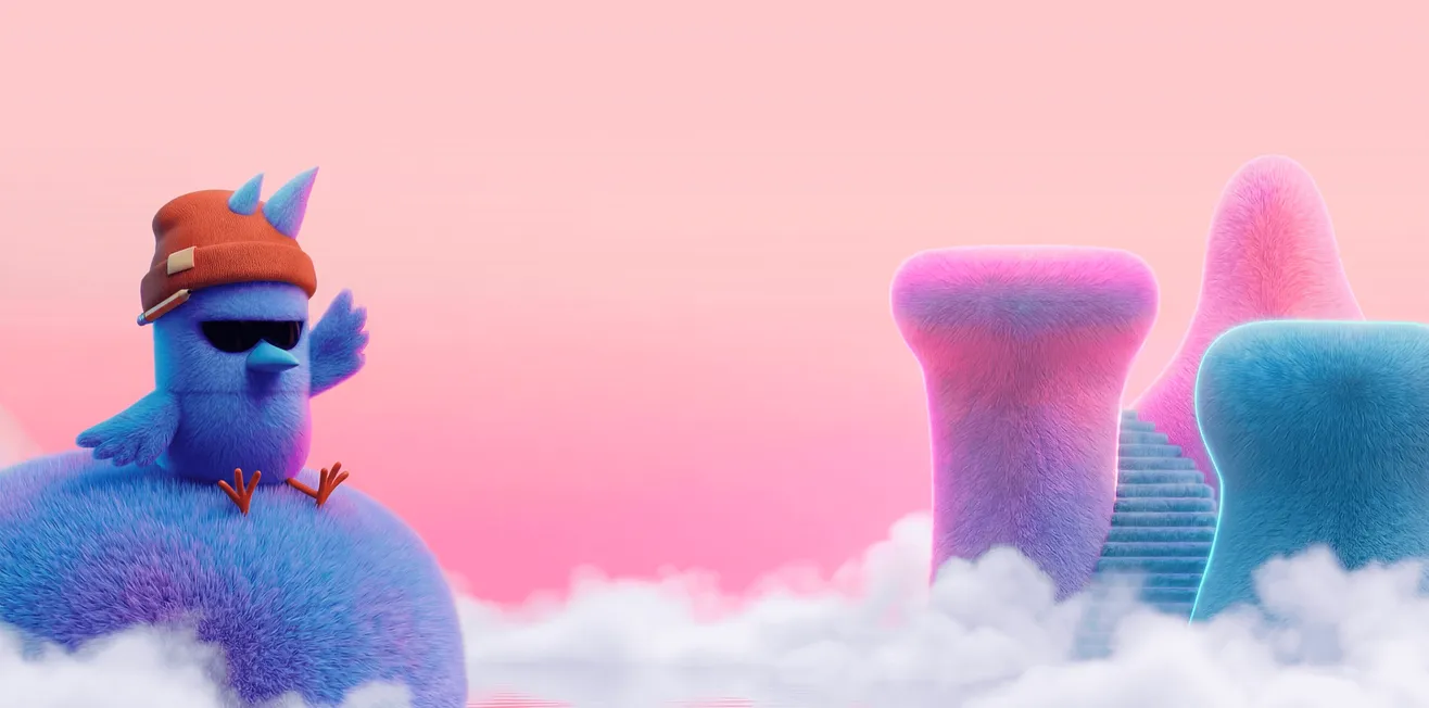 Bluejay's blue bird mascot in sunglasses and a beanie, sitting on a fluffy hill above the clouds