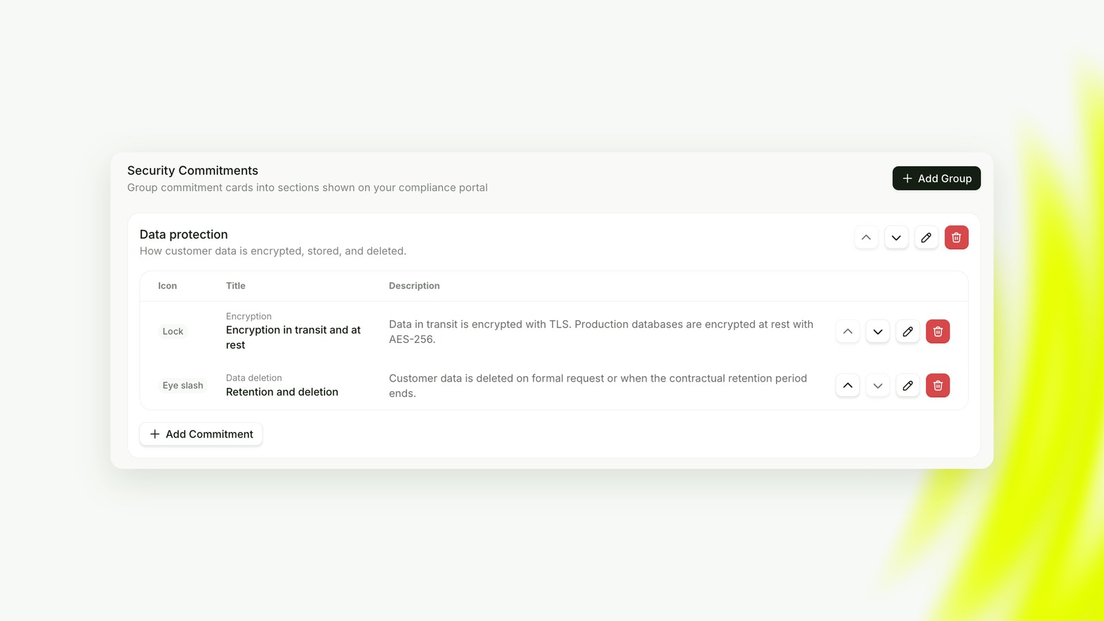 Security commitments grouped under Data protection, with encryption and data deletion cards