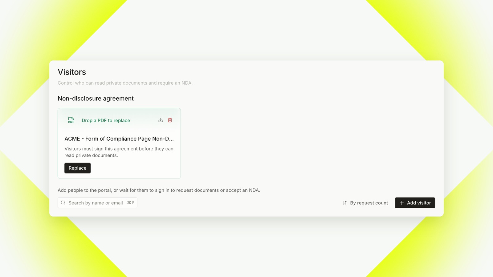 Visitors page with the non-disclosure agreement and the Add visitor button