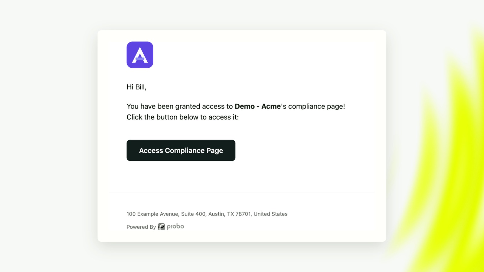 Access granted email with the Access Compliance Page button