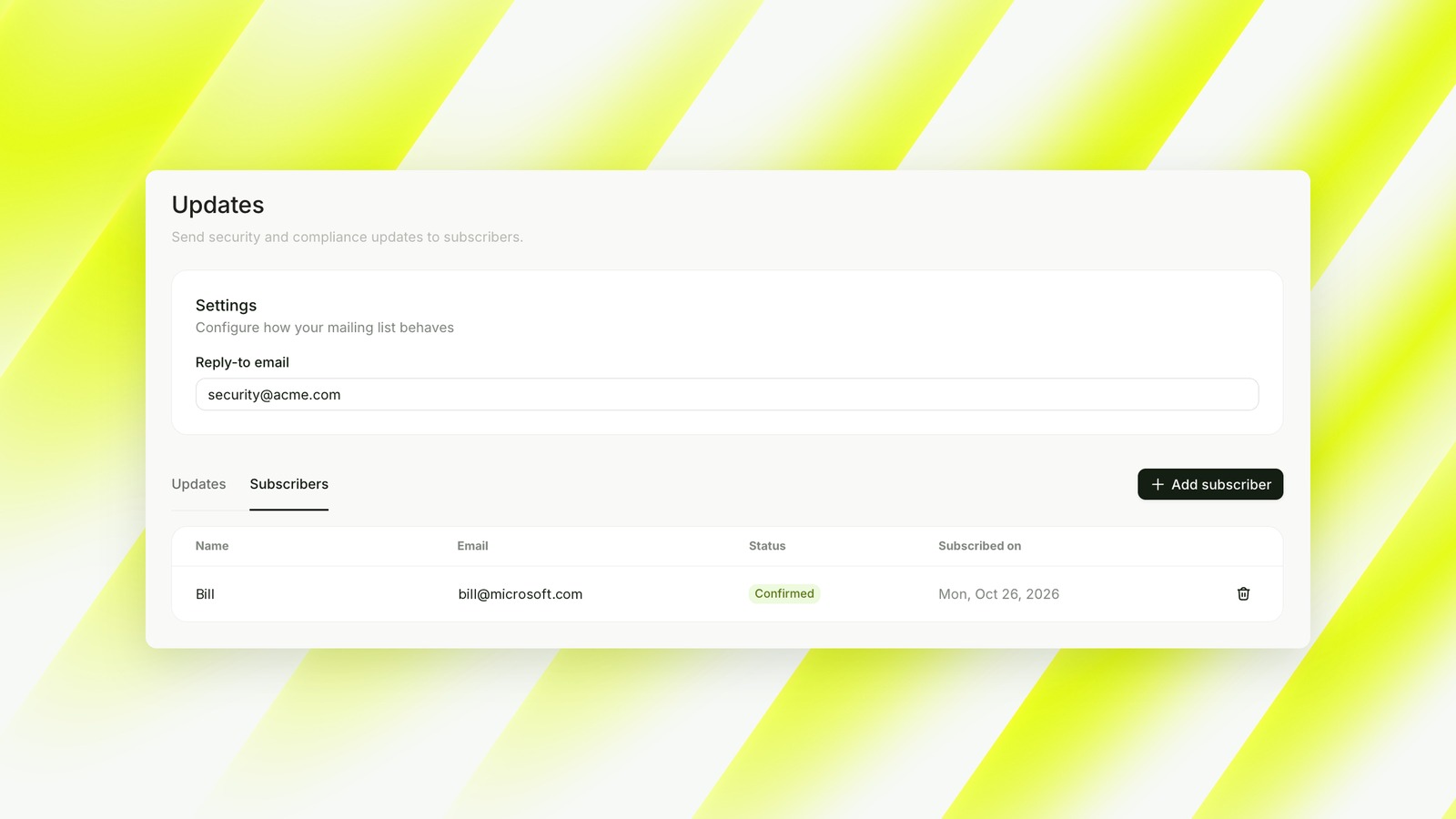 Updates page with the reply-to email setting and the Subscribers tab