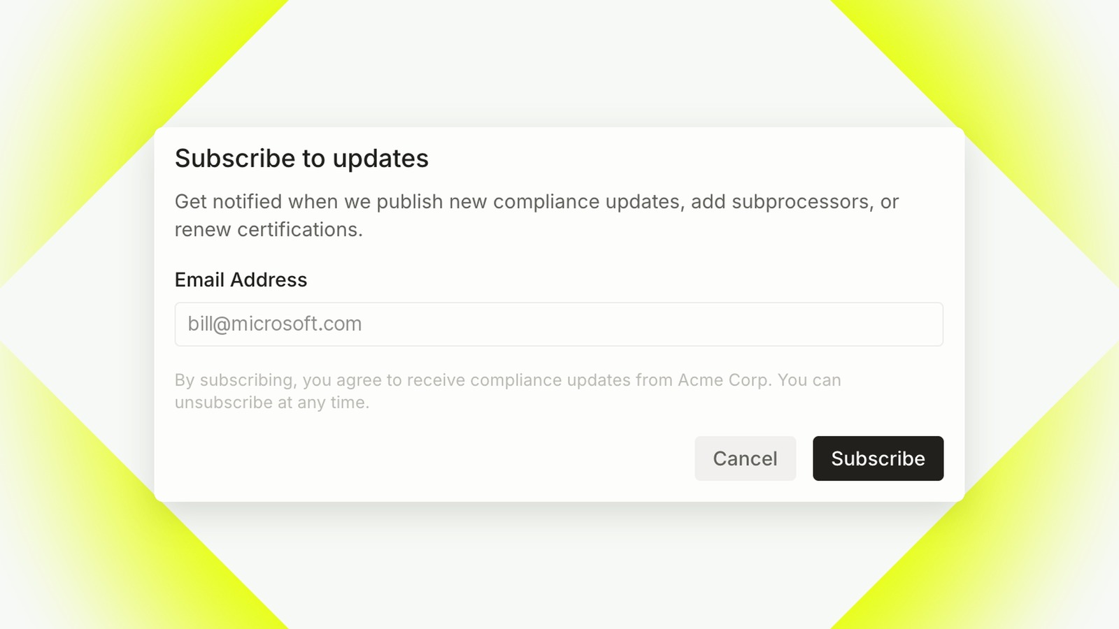Subscribe to updates dialog with an email address field