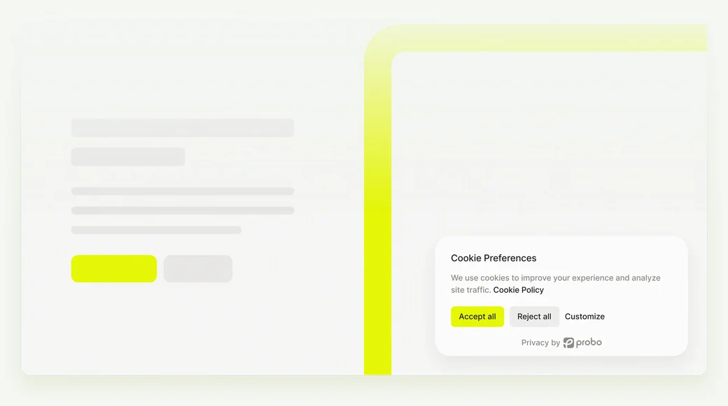 A website with the Probo Cookie Banner open in the corner, showing Accept all, Reject all and Customize buttons
