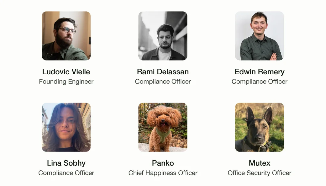 Portraits of the six newest members of the Probo team: Ludovic Vielle, Founding Engineer; Rami Delassan, Edwin Remery and Lina Sobhy, Compliance Officers; Panko the poodle, Chief Happiness Officer; and Mutex the shepherd dog, Office Security Officer