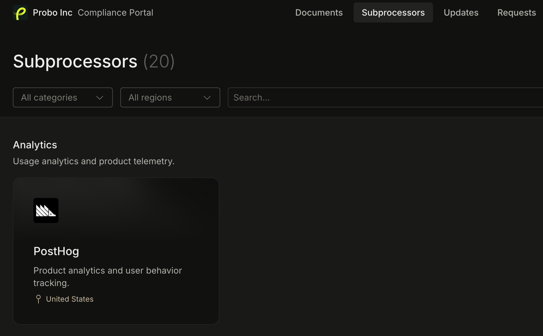 Filter subprocessors on your Compliance Portal