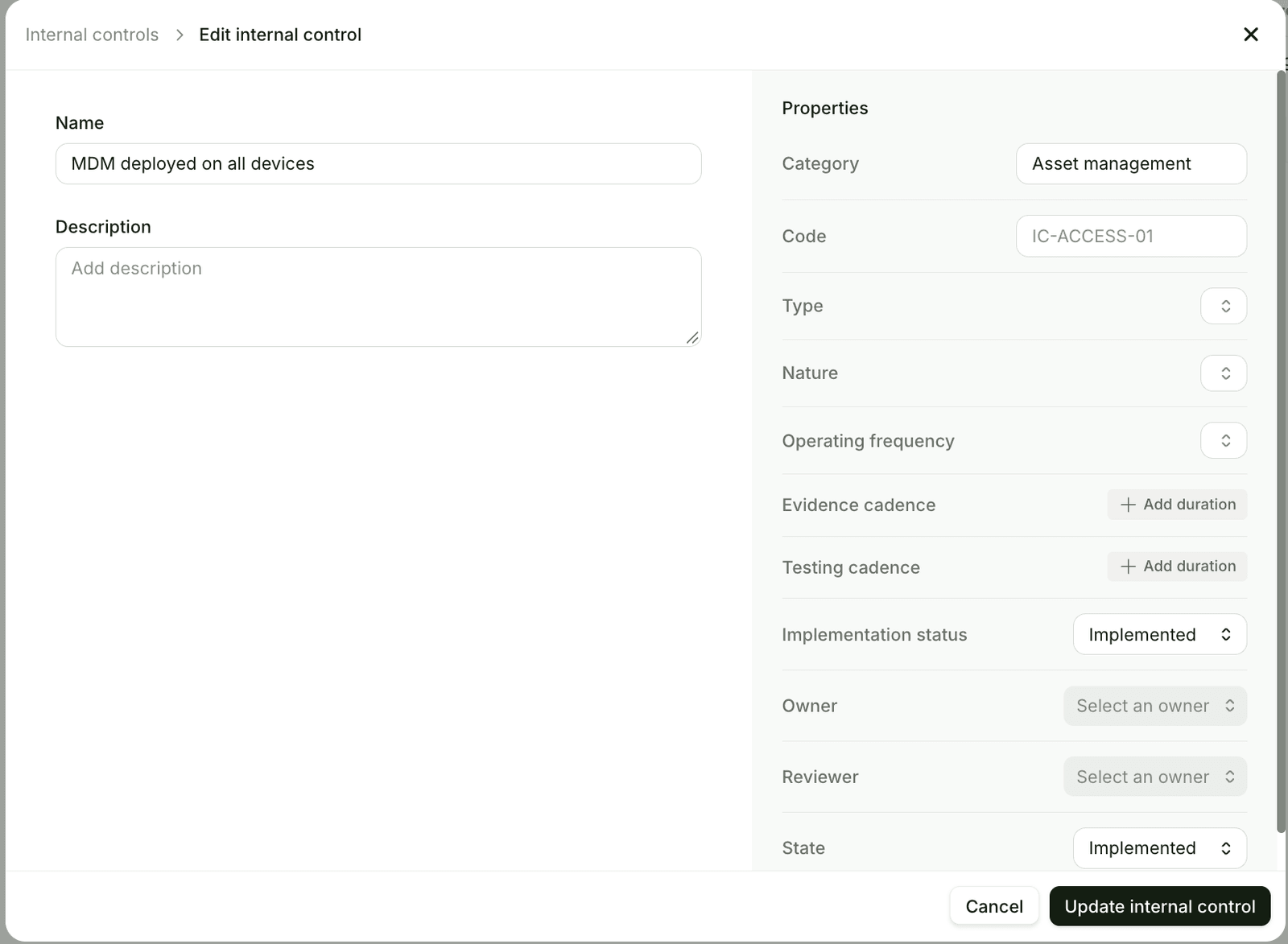Internal controls for measures screenshot