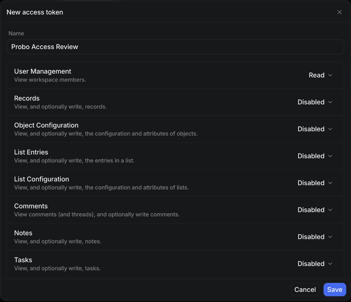 Attio new access token dialog with User Management set to Read