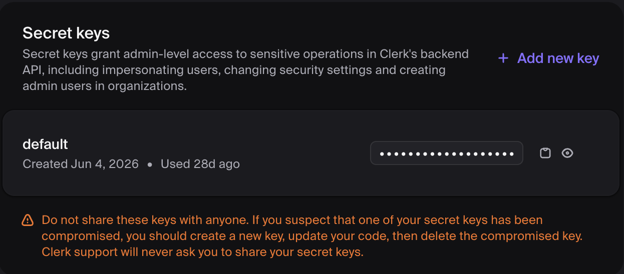 Copying the Secret Key from the Clerk Dashboard API keys page