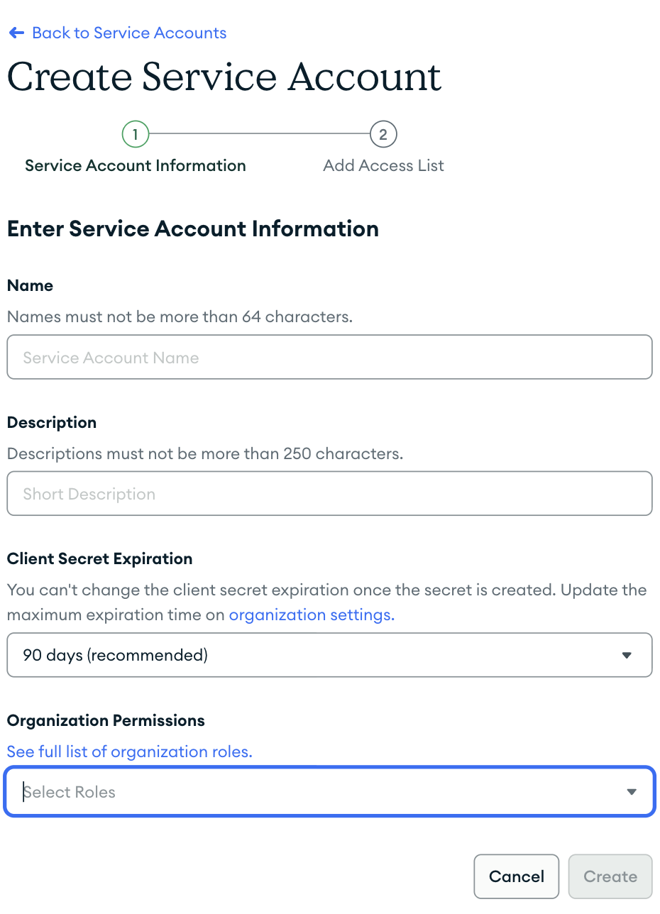 Creating a service account in the MongoDB Atlas console