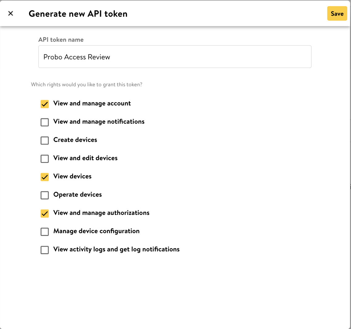 The Generate new API token dialog in Nuki Web, with the View and manage account, View devices, and View and manage authorizations rights selected
