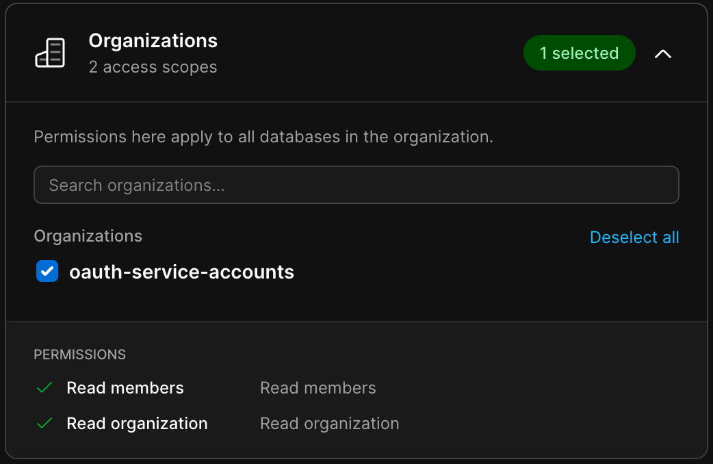 PlanetScale authorization screen with an organization ticked and the Read members and Read organization permissions