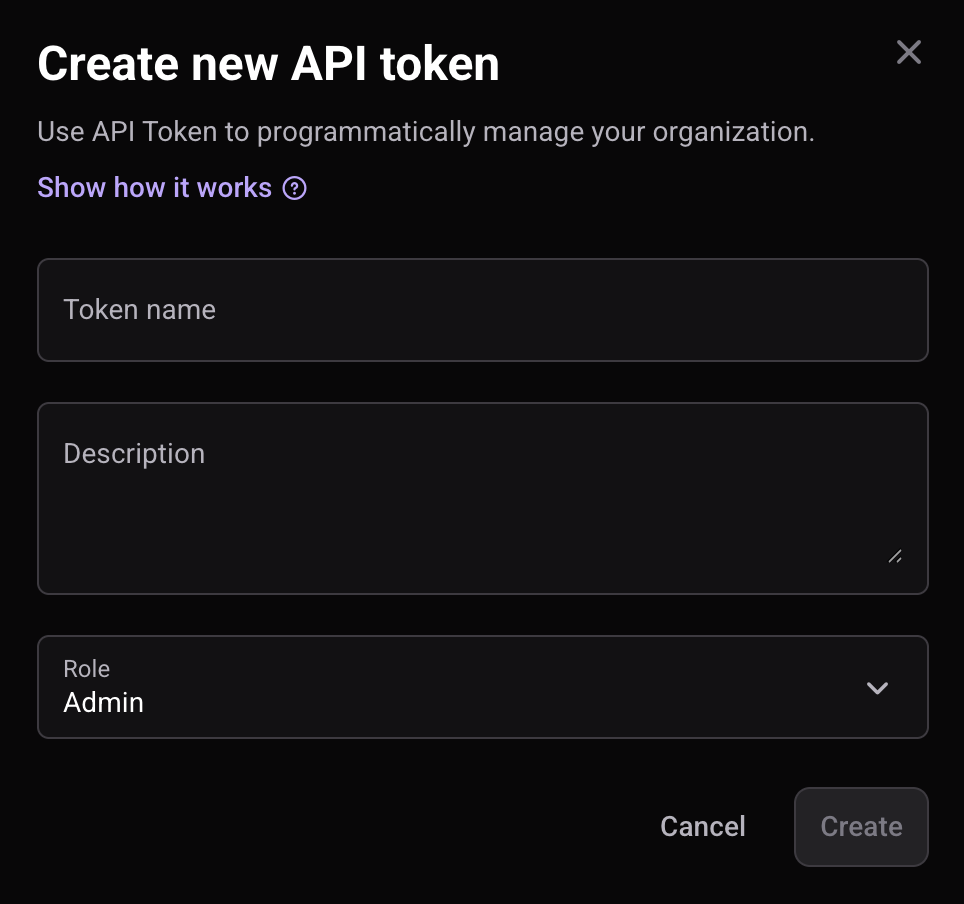 The Create new API token dialog in Qovery organization settings
