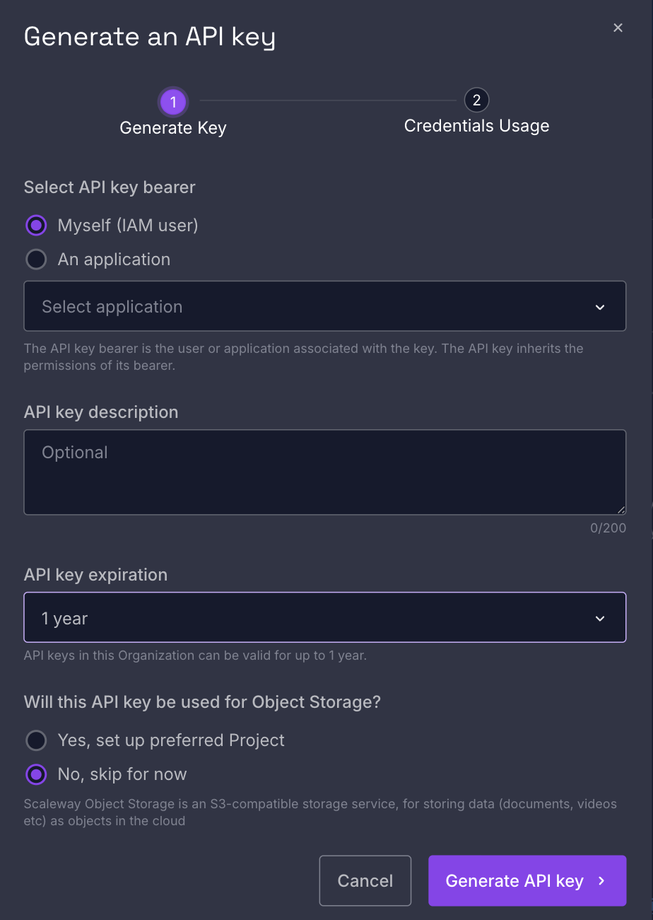 Generating an API key in the Scaleway console