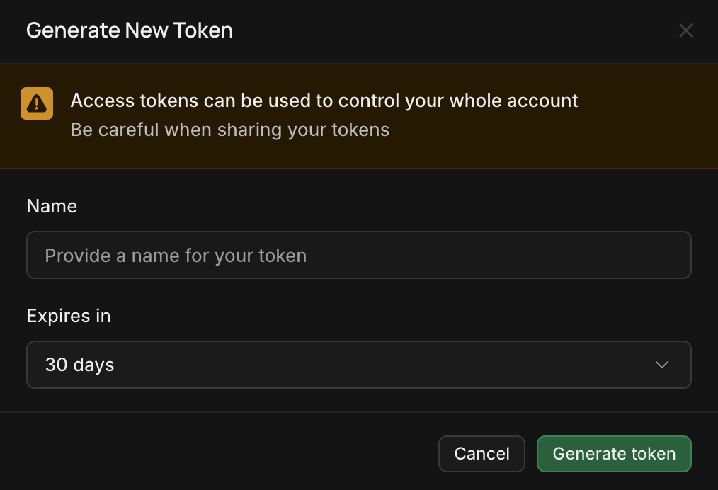 The Generate New Token dialog in Supabase account settings