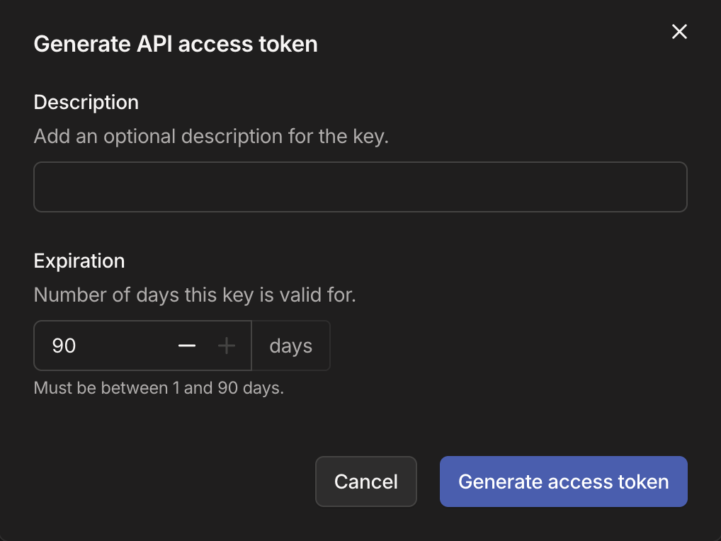 The Generate API access token dialog in the Tailscale admin console