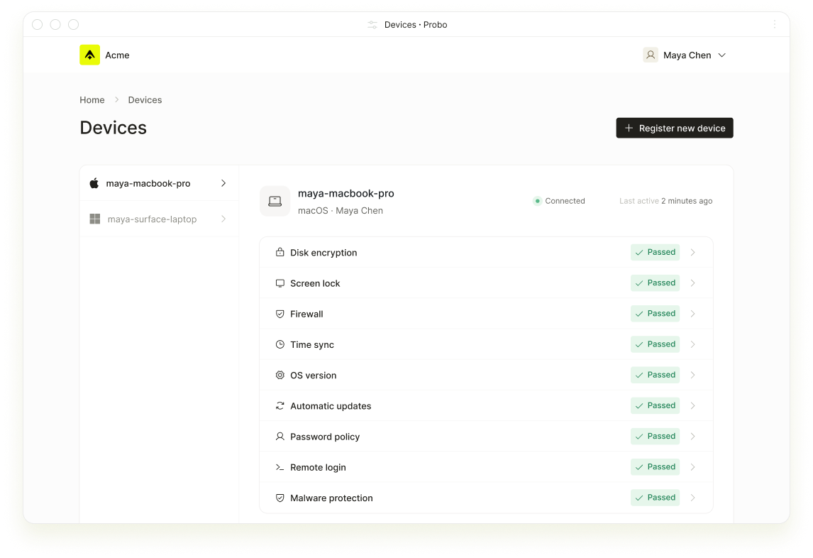 Device Agent device inventory with a focused security posture report